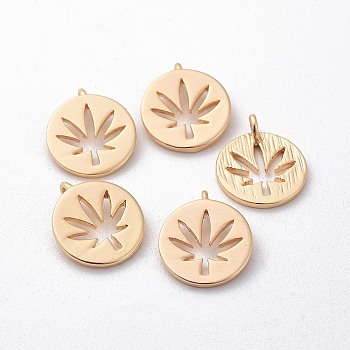 Brass Charms, Flat Round with Hemp Leaf, Nickel Free, Real 18K Gold Plated, 12x10.5x1mm, Hole: 1mm