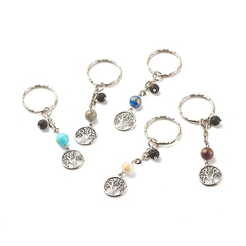 Natural Gemstone Beads Keychain, with Tibetan Style Alloy Pendants, Iron Split Key Rings, Flat Round with Tree of Life, 7.6cm