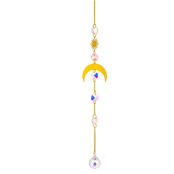 Glass Pendant Decorations, Hanging Suncatchers, with Brass Findings, for Home Decoration, Moon Pattern, 430mm