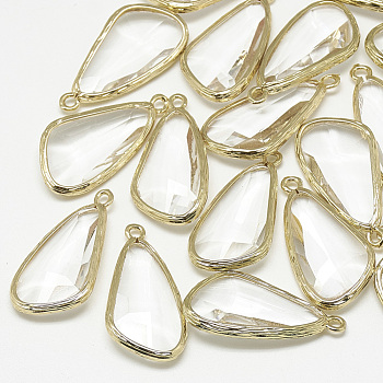 Glass Pendants, with Golden Tone Brass Findings, Faceted, Triangle, Clear, 29x14.5x5.5mm, Hole: 1.5mm