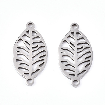 201 Stainless Steel Links Connectors, Laser Cut, Leaf, Stainless Steel Color, 18.5x9.5x1mm, Hole: 1.2mm