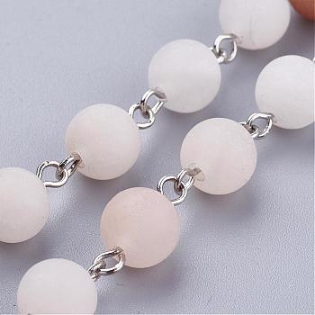Frosted Natural Pink Aventurine Handmade Beaded Chains, Unwelded, for Necklaces Bracelets Making, with Brass Findings, Platinum, 39.37 inch, 1m/strand