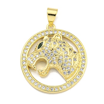 Brass Micro Pave Cubic Zirconia Pendants, Ring with Leopard Charms, Real 18K Gold Plated, 24x22x4.5mm, Hole: 4x3mm