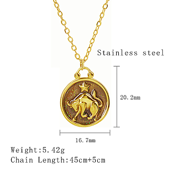 Stainless Steel Enamel Constellation Pendant Necklaces, Real 18K Gold Plated, Taurus, 17.72 inch(45cm), Pendant: 20.2x16.7mm