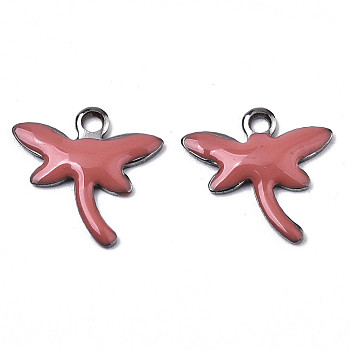 201 Stainless Steel Enamel Charms, Dragonfly, Stainless Steel Color, Indian Red, 11.5x12x1.5mm, Hole: 1.2mm