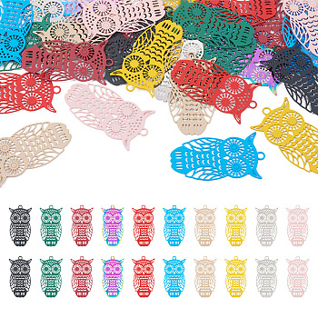 40Pcs 10 Colors Spray Painted 430 & 201 Stainless Steel Filigree Pendants, Etched Metal Embellishments, Owl, Mixed Color, 36x20x0.3~0.5mm, Hole: 1.8~2mm, 4pcs/color