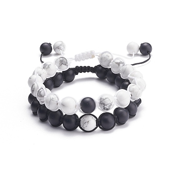 2Pcs 2 Style Round Natural Howlite & Glass Braided Bead Bracelets Set, Gemstone Jewelry for Women, Mixed Color, Inner Diameter: 2-1/8~3-3/8 inch(5.45~8.5cm), 1Pc/style
