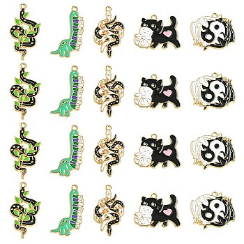 20Pcs 5 Styles Alloy Enamel Pendants, Light Gold, Cat/Snake/Dinosaur Charm, Mixed Color, 23~34x18.5~29x1.5~2mm, Hole: 1.6~1.8mm, 4pcs/style