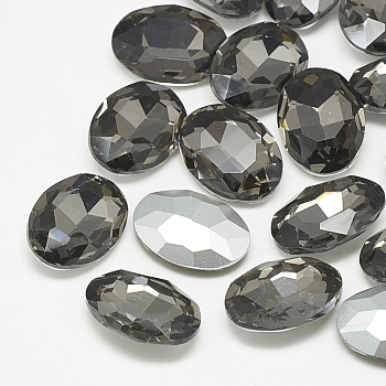 Pointed Back Glass Rhinestone Cabochons, Back Plated, Faceted, Oval, Black Diamond, 10x8x4mm