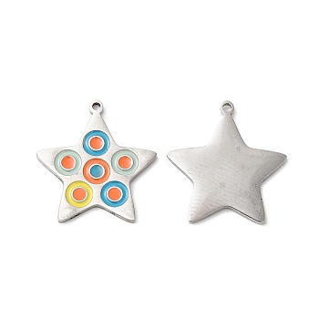 316L Surgical Stainless Steel Pendants, with Enamel, Star Charm, Stainless Steel Color, 16.5x15.7x0.9mm, Hole: 1mm