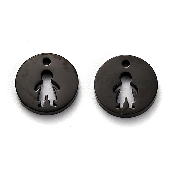304 Stainless Steel Charms, Flat Round with Hollow Boy, Electrophoresis Black, 12x1.4mm, Hole: 2mm