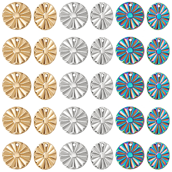 30Pcs 3 Colors 304 Stainless Steel Pendant, Textured Charms, Flat Round with Flower, Mixed Color, 18x1mm, Hole: 1.6mm, 10pcs/color