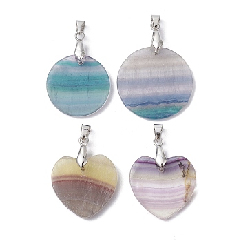 Natural Fluorite Pendants, Flat Round & Heart Charms, with Platinum Tone Brass Pinch Bails, 25~30x25~30.5x2.5~3mm, Hole: 6x4mm