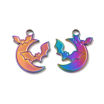 Ion Plating(IP) 304 Stainless Steel Pendant, Moon with Bat Charm, Rainbow Color, 20x16x1.5mm, Hole: 3mm