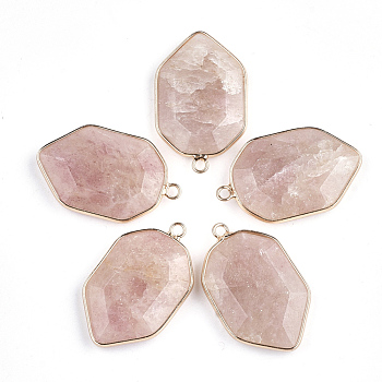 Natural Strawberry Quartz Pendants, with Brass Findings, Faceted, Shield, Golden, 36x22.5x6mm, Hole: 2mm