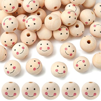 Natural Wood Beads, Large Hole Beads, Round with Smile Face, PapayaWhip, 24~25x23.5mm, Hole: 5.5mm