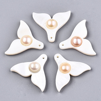 Natural Freshwater Shell Pendants, with Shell Pearl, Fishtail, Creamy White, 23x28x5~6mm, Hole: 1.2mm