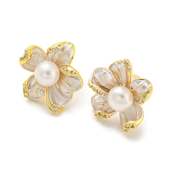 Cubic Zirconia Flower Stud Earrings with Natural Pearl, Brass Earrings with 925 Sterling Silver Pins, Real 18K Gold Plated, 16x14.5mm