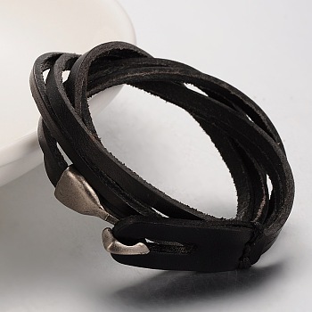 Casual Style Unisex Retro Leather Bracelets, with Alloy Snap Lock Clasps, Platinum, Black, 620~630x9x2mm