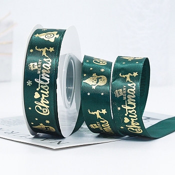 22M Flat Christmas Snowman Printed Polyester Satin Ribbons, Hot Stamping Ribbons, Teal, 1 inch(25mm), about 24.06 Yards(22m)/Roll