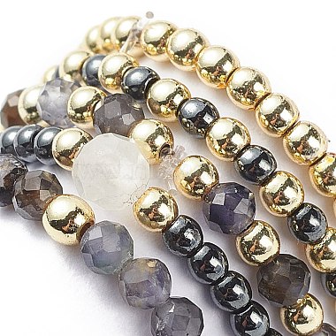 5Pcs 5 Style Natural Rainbow Moonstone & Dichroite & Synthetic Hematite Round Beaded Stretch Finger Rings Set(RJEW-JR00527)-6