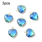 3Pcs K9 Glass Pendants, Imitation Tourmaline, with Golden Tone Brass Findings, Faceted, Heart, Deep Sky Blue, 20x16.5x8mm, Hole: 2mm(GLAA-YW0004-39F)