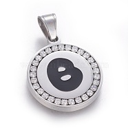 304 Stainless Steel Enamel Pendants, with Cubic Zirconia, Flat Round with Letter, Stainless Steel Color, Clear, Letter.B, 29x25x3mm, Hole: 5.5x8.5mm(STAS-E439-90B-P)