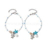 Tibetan Style Zinc Alloy Tortoise Charm Bracelet, with Natural Shell & Synthetic Turquoise Starfish & Seed Beaded Chains, Turquoise, 7-1/8 inch(18cm)(BJEW-JB09748)