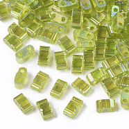 2-Hole Transparent Glass Seed Beads, AB Colours, Rectangle, Yellow Green, 4.5~5.5x2~2.5x2~2.5mm, Hole: 0.7mm(SEED-T004-04B-05)