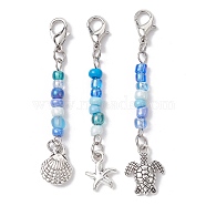 Marine Theme Alloy Pendant Decorations, with Glass Seed Beads and Alloy Swivel Lobster Claw Clasps, Shell/Starfish/Tortoise, Antique Silver, 57~60mm, 3pcs/set(HJEW-JM01436)