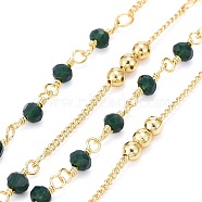 Handmade Brass Curb Chains, with Faceted Glass Links, Brass Beads and Spool, Soldered, Long-Lasting Plated, Real 18K Gold Plated, Dark Green, 1.7x1.3x0.4mm, Beads: 3.5x2.5~3mm and 3mm, about 32.8 Feet(10m)/roll(CHC-I035-02G-07)