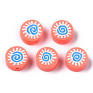 Handmade Polymer Clay Beads, for DIY Jewelry Crafts Supplies, Flat Round with Sun, Light Salmon, 9.5x4.5~5mm, Hole: 1.6mm(CLAY-N008-037I)
