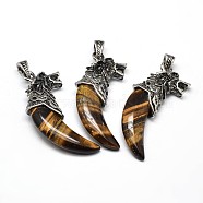 Antique Silver Zinc Alloy Natural Tiger Eye Big Pendants, Tusk Shape with Wolf, Lead Free & Nickel Free, 53~57x23x10mm, Hole: 4.5x8mm(G-F228-63L-FF)