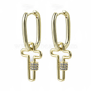 Brass Micro Pave Clear Cubic Zirconia Dangle Huggie Hoop Earrings, Nickel Free, Cross, Real 18K Gold Plated, 35mm, Pin: 1x1mm(EJEW-S201-219-NF)