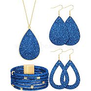 Textured Imitation Leather Teardrop Pendant Necklace & Dangle Earrings & Multi-Strand Bracelet, Golden Alloy Jewelry Set for Women, Blue, 850mm, 78x37mm, 80x39mm, 192mm In Diameter(JX529H)