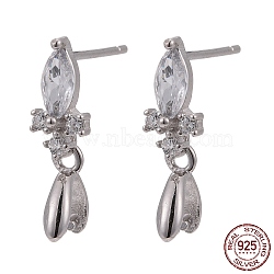 Rhodium Plated 925 Sterling Silver Stud Earring Findings, with Micro Pave Cubic Zirconia, Bar Links and Ice Pick Pinch Bail, Platinum, 16mm, Pin: 0.8mm(STER-F048-34P)