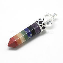 Natural Gemstone Pendants, Point Big Pendants, with Crystal Quartz and Brass Findings, Bullet, Faceted, Platinum, Mixed Color, 71x12x12mm, Hole: 3x4mm(G-S263-21)