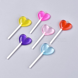 Resin Big Pendants, with Platinum Plated Iron Loop, Imitation Lollipop, Heart, Mixed Color, 71~73x29x7mm, Hole: 2mm(RESI-L030-B)