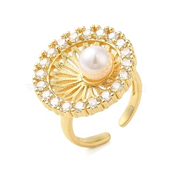 Flat Round Brass Micro Pave Clear Cubic Zirconia Open Cuff Rings for Women, with Round ABS Imitation Pearl, Golden, Flat Round: 22mm, Adjustable(RJEW-A046-14G)