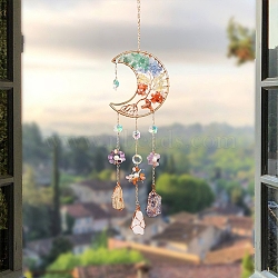 Moon Natural GemstoneChips Pendant Decorations, with Glass Beads, for Home Bedroom Hanging Decorations, Tree of Life, Colorful, 370mm(PW-WG87562-01)