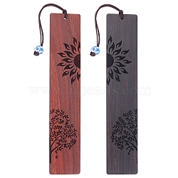 PandaHall Elite 2Pcs 2 Colors Sandalwood Carving Bookmark, with Polyester Cord and Ceramic Beads, Rectangle with Sun & Tree, Mixed Color, 220mm, 1pc/color(AJEW-PH0003-36)