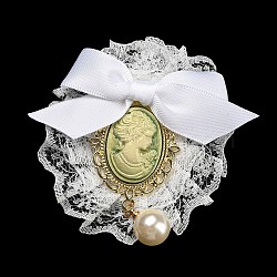 Romantic Classic Polyester Lace Bowknot Brooch for Women, with Iron Pin & Plastic Imitation Pearl, Oval, Lemon Chiffon, 69.5~71.5x64~70x24~26.5mm(JEWB-B011-02A)