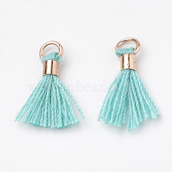 Polycotton(Polyester Cotton) Tassel Pendant Decorations, Mini Tassel, with Brass Findings, Light Gold, Turquoise, 10~15x3~4mm, Hole: 2mm(X-FIND-S275-15G)