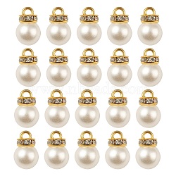 50Pcs Acrylic Pearl Pendants, with Crystal Rhinestone and Golden Tone Iron Loop, Round, White, 15x10mm, Hole: 2mm, 50Pcs/Bag(IFIN-FS0001-02)