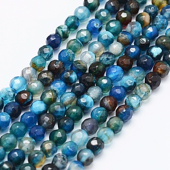 Natural Agate Beads Strands, Dyed & Heated, Round, Faceted, Blue, 4mm, Hole: 0.5mm, about 92pcs/strand, 14.57 inch(37cm)