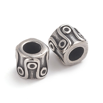 304 Stainless Steel Beads, Large Hole Beads, Column, Antique Silver, 9x9x8.5mm, Hole: 5mm