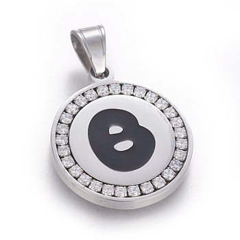304 Stainless Steel Enamel Pendants, with Cubic Zirconia, Flat Round with Letter, Stainless Steel Color, Clear, Letter.B, 29x25x3mm, Hole: 5.5x8.5mm