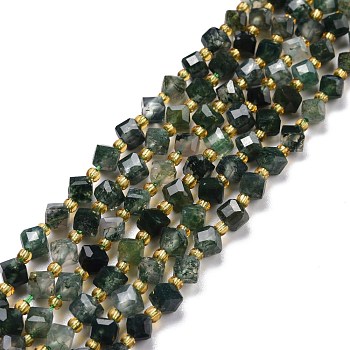 Natural Moss Agate Beads Strands, with Seed Beads, Faceted, Diagonal Cube Beads, 5~6x5~6x4~5mm, Hole: 1mm, about 49~55pcs/strand, 15.35''~15.75''(39~40cm)