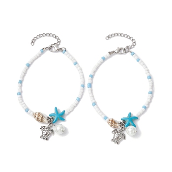 Tibetan Style Zinc Alloy Tortoise Charm Bracelet, with Natural Shell & Synthetic Turquoise Starfish & Seed Beaded Chains, Turquoise, 7-1/8 inch(18cm)