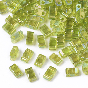 2-Hole Transparent Glass Seed Beads, AB Colours, Rectangle, Yellow Green, 4.5~5.5x2~2.5x2~2.5mm, Hole: 0.7mm
